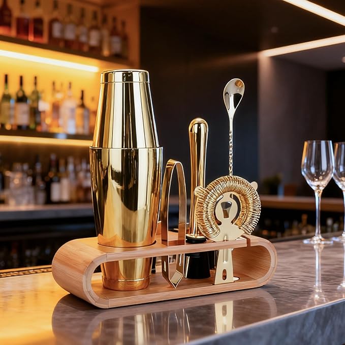 Cocktail Shaker Set Stainless Steel Shakers Bartending kit Bar Kits Bar Tool Sets for Professional Bartender and Home (Gold, 10-Pcs Boston Shaker)