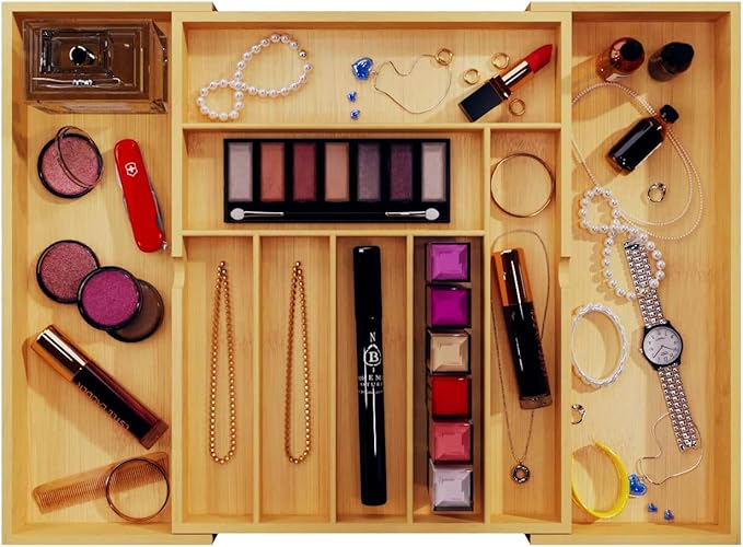 BAMEOS drawer organizer flatware organizer cutlery tray silverware organizer expandable adjustable bamboo drawer organizer kitchen bathroom