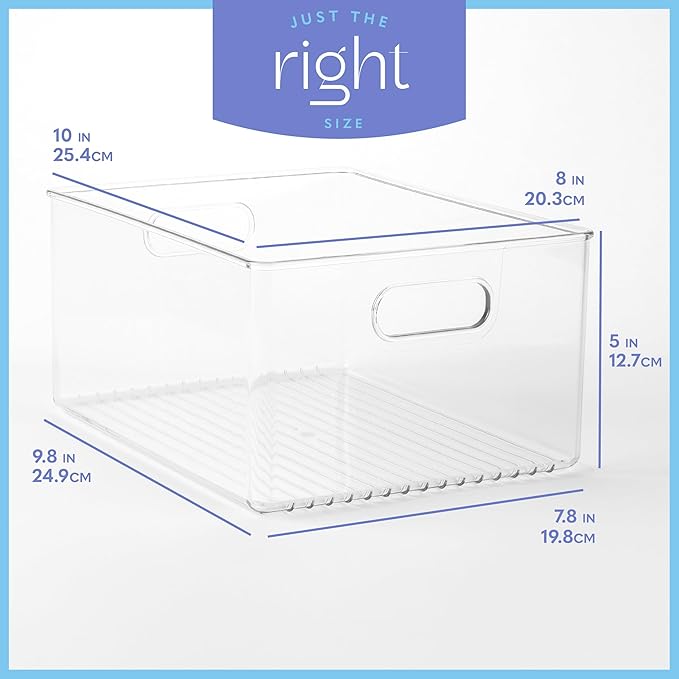 Plastic Food Storage 4 Pack Clear Container Bin with Handles for Organizing Kitchen, Pantry, Refrigerator, Freezer, Pantry, Cabinet, Closet, Bathroom 10”x8”x5”