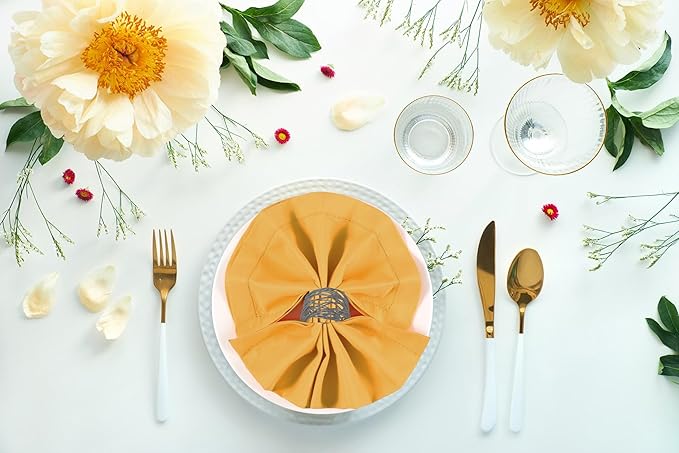 Ramanta Home Set of 12 Polyester Cloth Napkins 20x20 Inches - Hemstitched Washable Dinner Napkins for Weddings, Thanksgiving, Hotel - Soft Yellow Table Linen for Parties or Everyday Use - Mustard