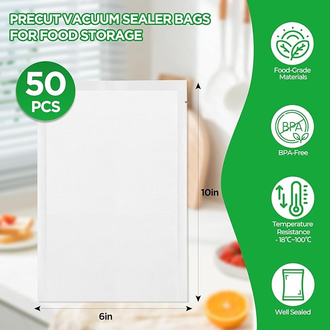 Vacuum Sealer Bags,50 PCS 6"×10" Textured Vacuum Sealing Bags,Commercial Grade, BPA Free, Heavy Duty,Great for Food Storage Meal Prep or Sous Vide Cooking.