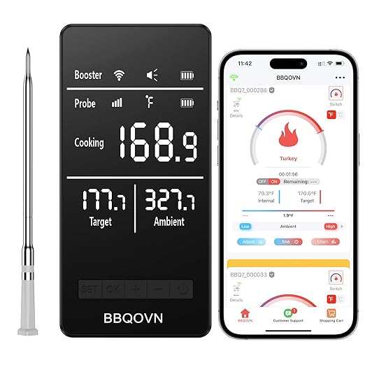 Smart WiFi Wireless Meat Thermometer Unlimited Range 7 NIST Cert.Sensors Accuracy ±0.5°F Sub-1G (10X Stronger than Bluetooth)APP&Digital Base,Monitor for BBQ, Grill,Oven, Smoker(1,Silver,Small)