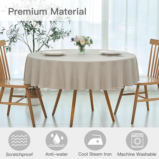 maxmill Round Linen Textured Tablecloth Spill-Proof Stainproof Wrinkle Free Washable Fabric Table Cloth for Circular Table Cover, Dining Room Buffet Banquet Parties Holiday Dinner, 70 Inch Linen