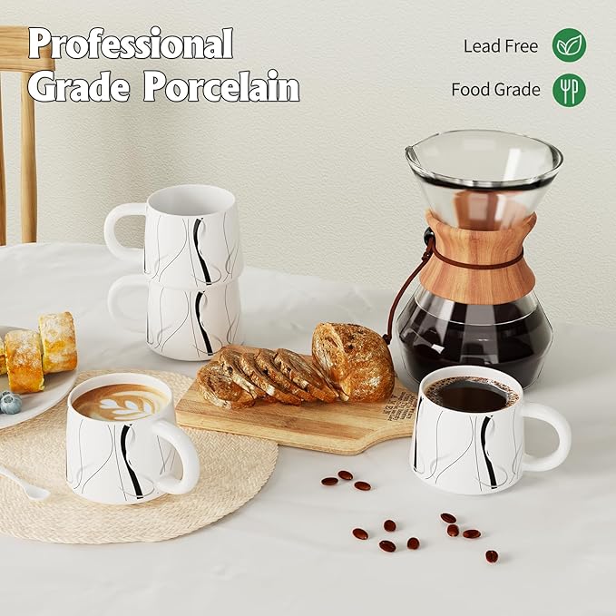 12 oz Coffee Mugs Set of 4, Modern Stackable Coffee Cups Set for Latte, Hot Tea, Cappuccino, Ceramic Coffee Mug Tea Cup, Dishwasher & Microwave Safe, Housewarming Wedding Present (White)