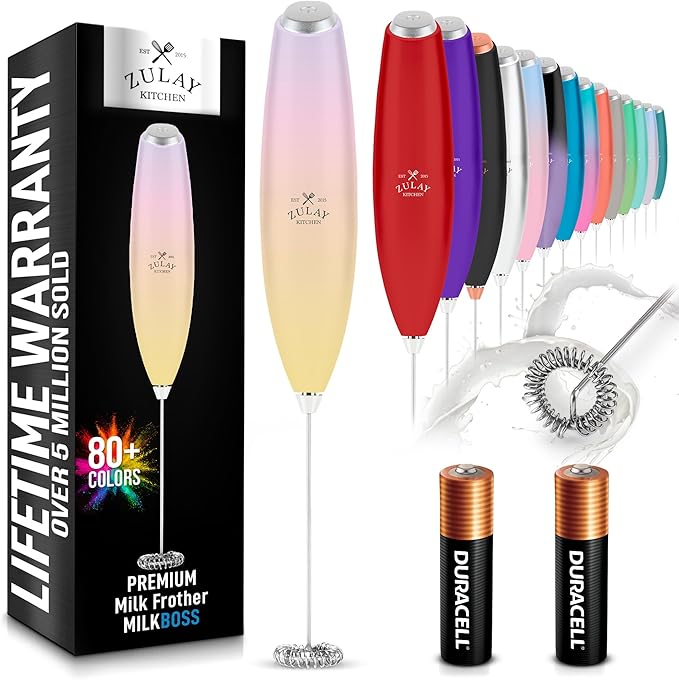 Zulay Kitchen Milk Frother Handheld Electric Whisk with AA Duracell Batteries – Durable Drink Mixer for Coffee, Lattes, Cappuccinos & More - Mimosa
