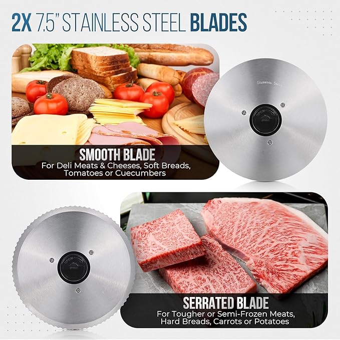 Meat Slicer, 200W Powerful Electric Food Slicer-Deli Meat Slicer Machine for Home Use for, Cheese, Bread, Vegetables-2 Round 7.5" Stainless Steel Blade, Child Lock Protection & Adjustable Thickness