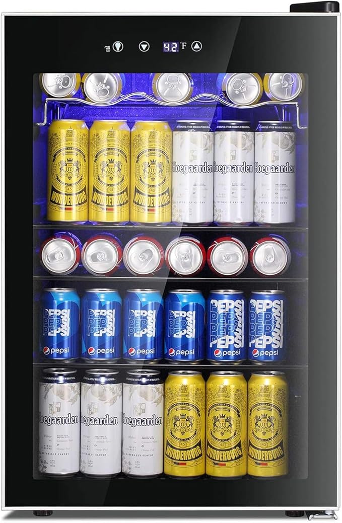 4.4 Cu.ft Beverage Refrigerator Cooler, 145 Can Mini Fridge Glass Door with Adjustable Shelves, Digital Temperature Display, Freestanding Small Drink Fridge for Home, Office or Bar(Black)