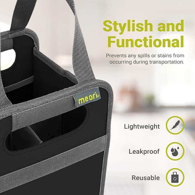 meori Foldable 4 Bottle Wine Tote Lava Black Organize Crate Glass Dividers Stylish Travel Storage Box Liquor Spirits Tastings Grocery Shopping Hostess Gift (A100813)