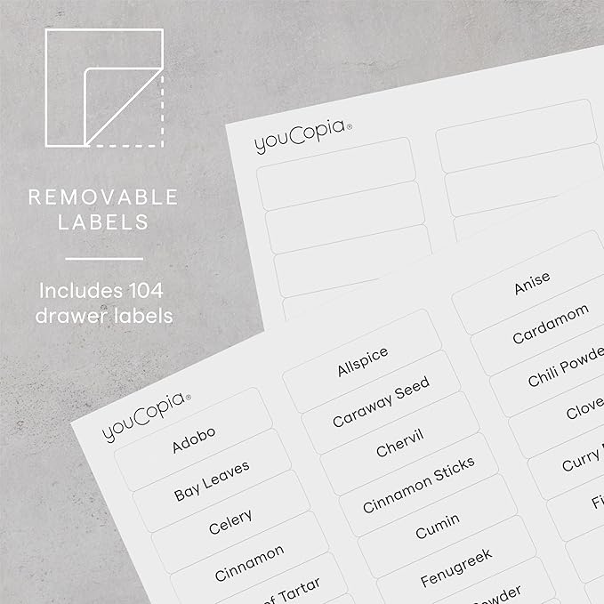 YouCopia SpiceStack Adjustable Spice Rack Organizer, Pull-Down 18-Bottle Seasonings and Spices Holder for Kitchen Cabinet and Pantry Organization with 104 Included Labels