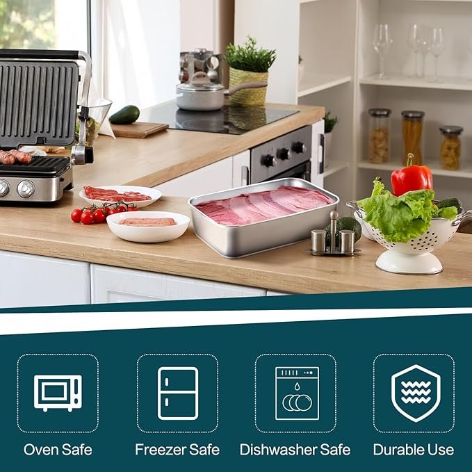 Tioncy 3 Sets Stainless Steel Cake Pan with Lid 17/13/11 Inch Rectangle Sheet Baking Pan with Covers Bakeware with Lids for Cakes Breads Casseroles Fish Vegetables and More