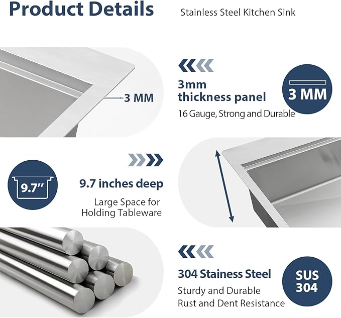 Lordear 33 Inch Drop In Kitchen Sink Workstation All In One SUS304 16 Gauge Stainless Steel 33x22 Drop In Sinks Single Bowl Handmade Above the Counter