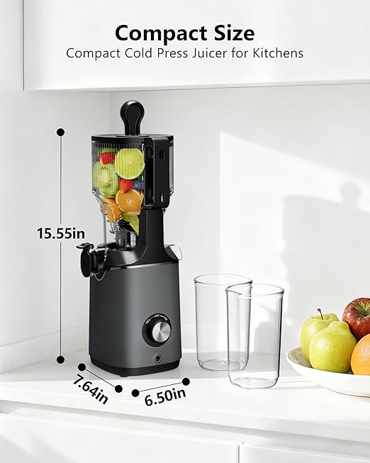 Cold Press Juicer, EUHOMY 5.4" Wide Feed Chute Juice Extractor Machine with 400W, High Juice Yield, Slow Masticating Juicer for Whole Vegetables & Fruits, Deep Gray