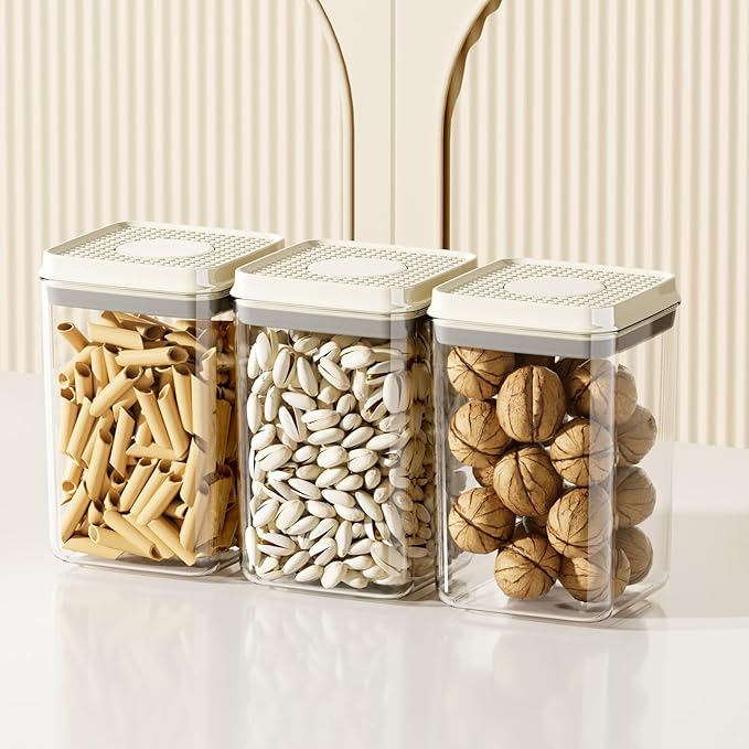 Airtight Food Storage Containers with Pop-Top Lids, 3 Pcs Stackable Plastic Canisters for Kitchen Pantry Organization, BPA-Free, Ideal for Cereal, Snack, Flour, Sugar, and Dry Food, 1.54qt*3