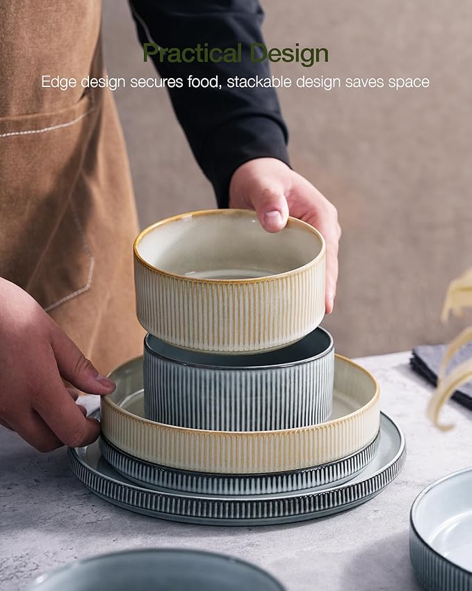 famiware Star Dinnerware Set, Plates and Bowls Sets for 4 (12pcs), Ribbed Stoneware Dishes - Chip & Scratch Resistant, Microwave & Dishwasher Safe, Multicolor - Cappuccino White & Smoky Blue