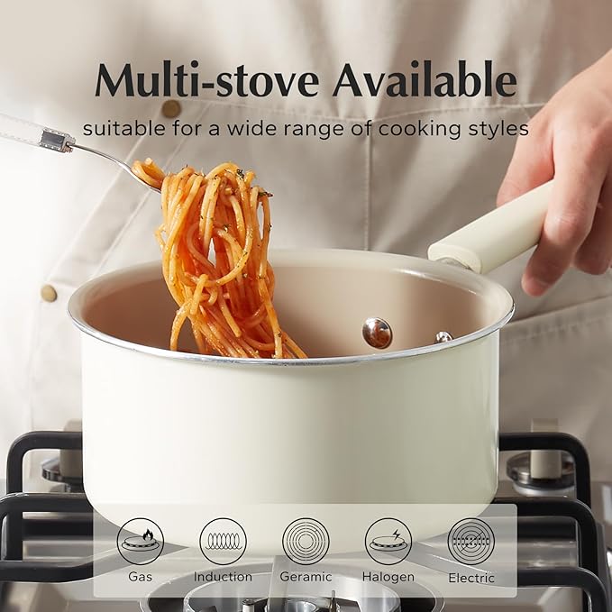 Redchef Ceramic Nonstick Saucepan with Lid, 1.5QT Small Cooking Pot, Non Toxic Sauce Pans for Kitchen, Cool Handle PFAS Free Compatible with All Cooktops, White
