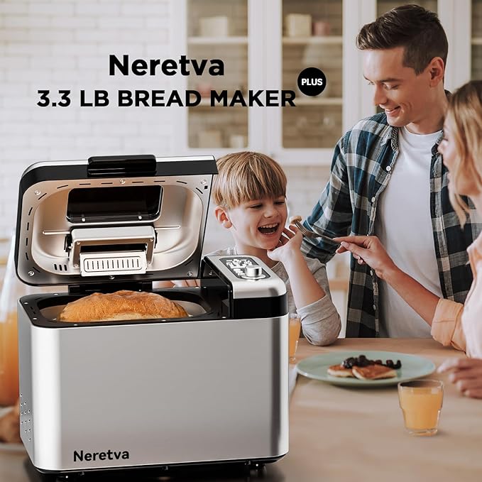 Neretva Bread Maker, 3.3LB Larger Bread Machine 15-in-1 Stainless Steel & Nonstick Ceramic Pan & Auto Nut Dispenser Breadmaker Machines Full Touch Panel with Gluten Free White Wheat Rye French Pizza