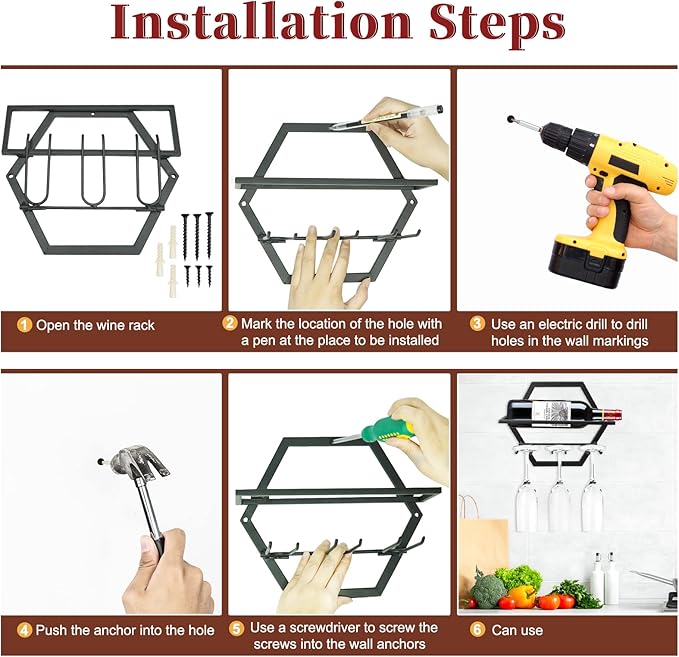 2Pcs Wall Mounted Wine Bottle Stemware Rack, Metal Hanging Wine Display Holder with 3 Stemware Glass Organizer, Red Wine Racks for Home Kitchen Bar Decor (Black) (A2)