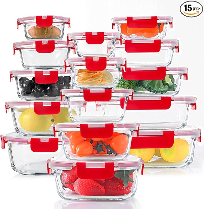 KOMUEE 30 Pieces Glass Food Storage Containers Set, Meal Prep Containers Set with Snap Locking Lids, Airtight Glass Lunch Containers, Microwave, Oven, Freezer & Dishwasher, Red