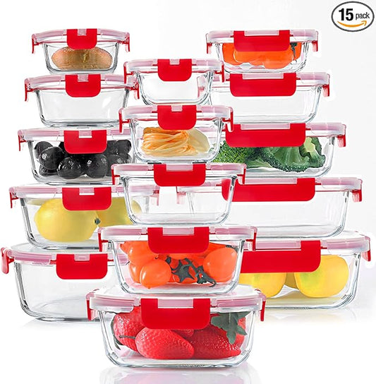 KOMUEE 30 Pieces Glass Food Storage Containers Set, Meal Prep Containers Set with Snap Locking Lids, Airtight Glass Lunch Containers, Microwave, Oven, Freezer & Dishwasher, Red