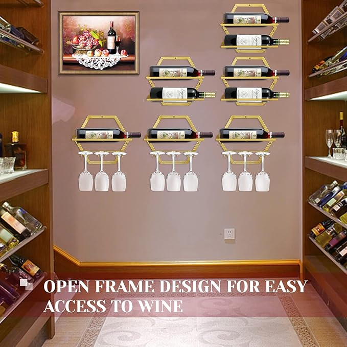 2Pcs Wall Mounted Wine Bottle Stemware Rack, Metal Hanging Wine Display Holder with 3 Stemware Glass Organizer, Red Wine Racks for Home Kitchen Bar Decor (Gold)