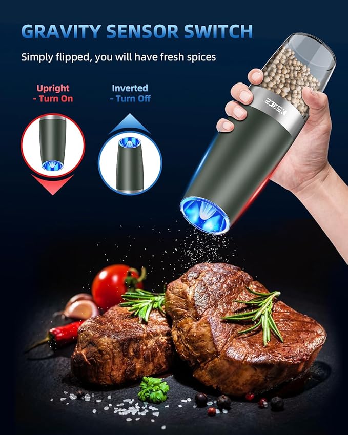 XinXu Gravity Electric Pepper Grinder, Salt or Pepper Mill & Adjustable Coarseness, with LED Light, One Hand Automatic Operation -Set/DarkGreen
