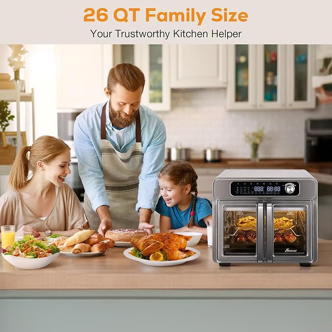 Romswi 26QT French Door Air Fryer Toaster Oven Combo, 24 Cooking Functions and Digital Controls, Fits 12" Pizza, 6 Slices of Toast, Rotisserie 6lb Chicken, 6 Accessories Included