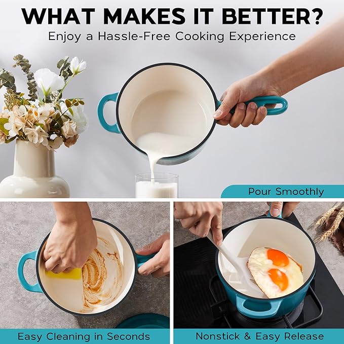 Onader 1QT Saucepan with Lid, Enameled Cast Iron Sauce Pan, Small Cast Iron Pot for Cooking, Enameled Dutch Oven Nonstick & Heavy Duty – Dark Cyan