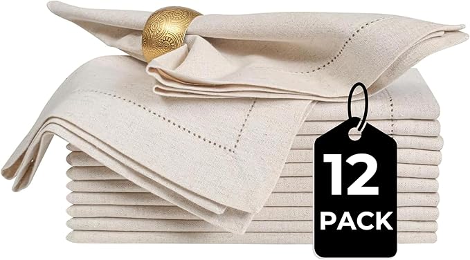 Bedding Craft Linen Flax Cotton Cloth Dinner Napkins Set of 12 – 20x20 Natural Hemstitched Fabric – Machine Washable Elegant Reusable Table Napkins for Weddings, Parties & Dining Décor