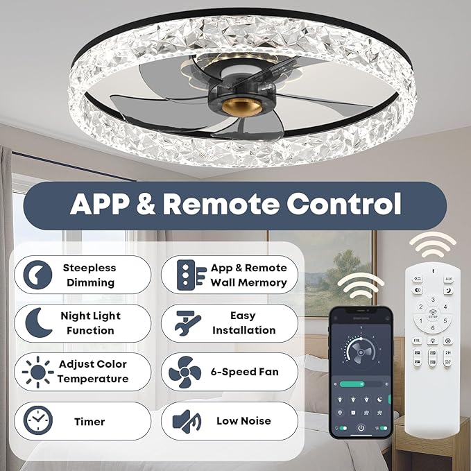 20'' Ceiling Fan with Light, Upgraded Low Profile Fan, Flush Mount Ceiling Fan, 6 Speeds, Dimmable LED, App & Remote Control, Quiet DC Motor, for Bedroom, Living Room, F098 Black