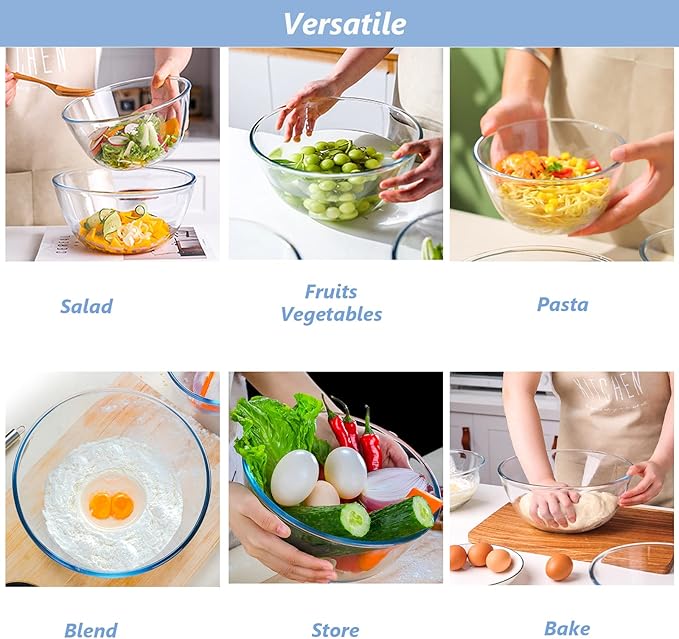 WhiteRhino Glass Mixing Bowls Glass Bowls with Lids Set(4.5QT,2.7QT, 1.1QT),Large Salad Bowls,glass mixing bowl Space-Saving Nesting Storage bowls for Cooking,Baking,Prepping,Dishwasher Safe