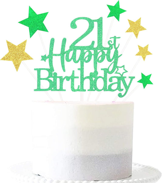 Glittery 21st Happy Birthday Cake Topper with Star,Personalised 21 Birthday Cake Toppers Party Decorations Party Supplies for Boys Girls Green Gold