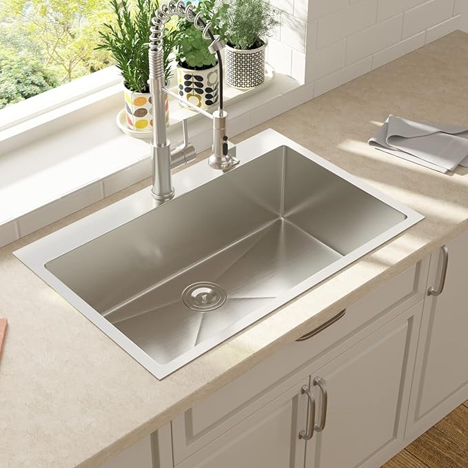 Lordear 28 Drop In Kitchen Sink 28 x 22 Kitchen Sink Single Bowl Drop In Stainless Steel 16-Gauge R10 Tight Radius Topmount Kitchen Sink