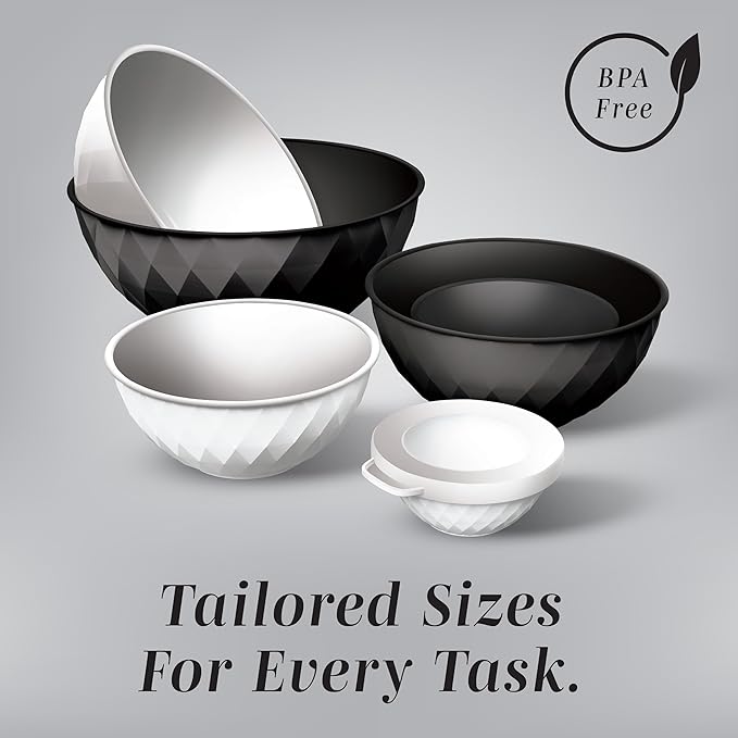 COOK WITH COLOR Mixing Bowls with Lids - 12 Piece Plastic Nesting Bowls Set includes 6 Prep Bowls and 6 Lids, Diamond Design - Microwave Safe, Black and White