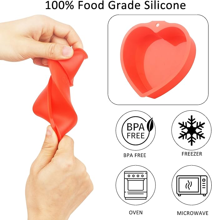 MILIVIXAY 2PCS Heart Shaped Cake Pans, 4 Inch Cake Mold, Red, Thin Style, Completely Non Stick, Food Grade Silicone, Easy To Store and Wash, Microwave, Freezer and Oven Safe.