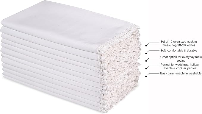Hausattire Cloth Napkins 12 Pack 20x20 Inches Flax Cotton Washable and Reusable Table Dinner Napkins with Lace for Hotel,Thanksgiving,Weddings and Parties| Highly Absorbent Cloth Napkins|White