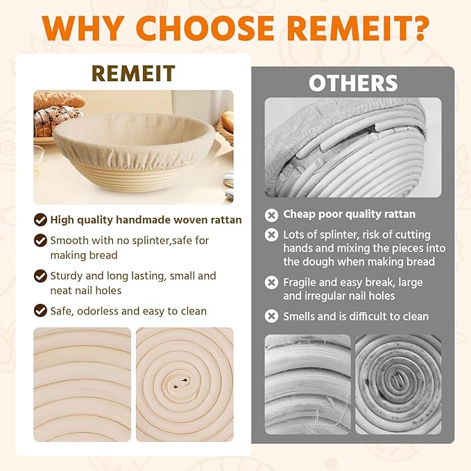 Banneton Bread Proofing Basket, Round 10 Inch Sourdough Starter Kit, Sourdough Bread Baking Supplies with Sourdough Proofing Basket Danish Dough Whisk Scoring Lame Dough Scraper Bread Bag with Sticker