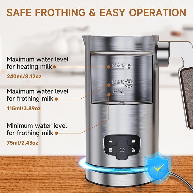 Milk Frother for Coffee, 4-in-1 Milk Frother and Steamer, Warm and Cold Foam Frother for Latte Cappuccinos Café Au Lait Hot Chocolate Matcha, Non-stick Coating Interior