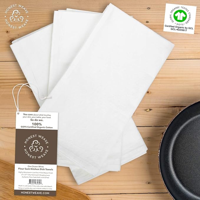 GOTS Certified 100% Organic Flour Sack Cotton Kitchen Hand and Dish Towel Sets - Extra Large 27x27 inches, Fully Hemmed, 12-Pack, White