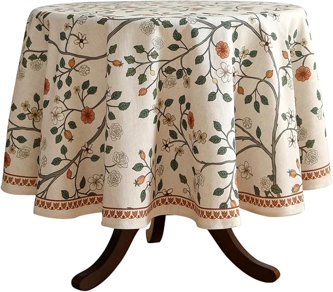 French Tablecloth for Round Tables,Linen Table Cloth with Colorful Flowers and Leaves Pattern,Heavy Durable Table Cover for Dining Thanksgiving Kitchen Decor Party Christmas,Diameter 67"
