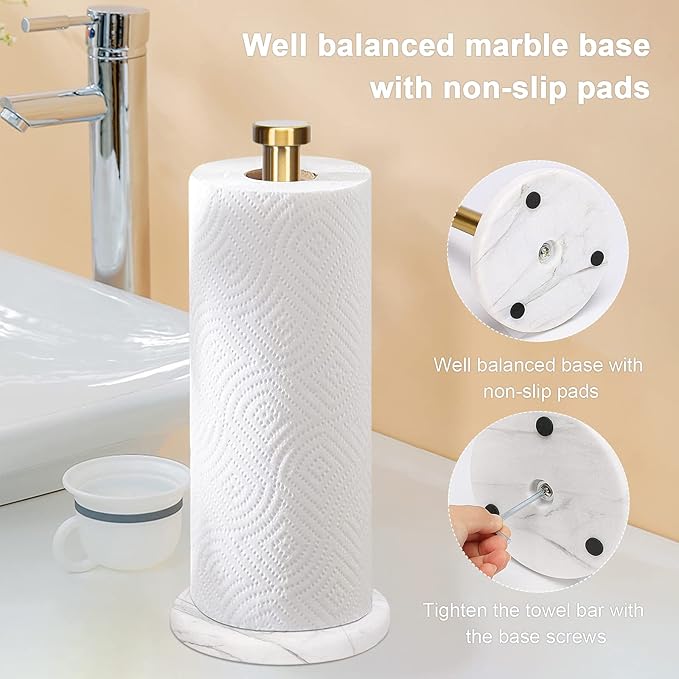 NearMoon Standing Paper Towel Holder, Kitchen Paper Towel Tissue Holder- for Bathroom Kitchen Countertop, Standard or Jumbo-Sized Roll Paper (with Marble Base, Brushed Gold)