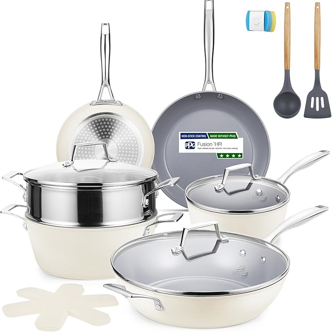 PekGema Ceramic Cookware Set Nonstick, 16 Pcs Pots and Pans Set Non Toxic, Oven Safe, Induction Cookware, Cooking Set with Steamer, PPG Ceramic PFAS PTFE PFOA FREE, Beige
