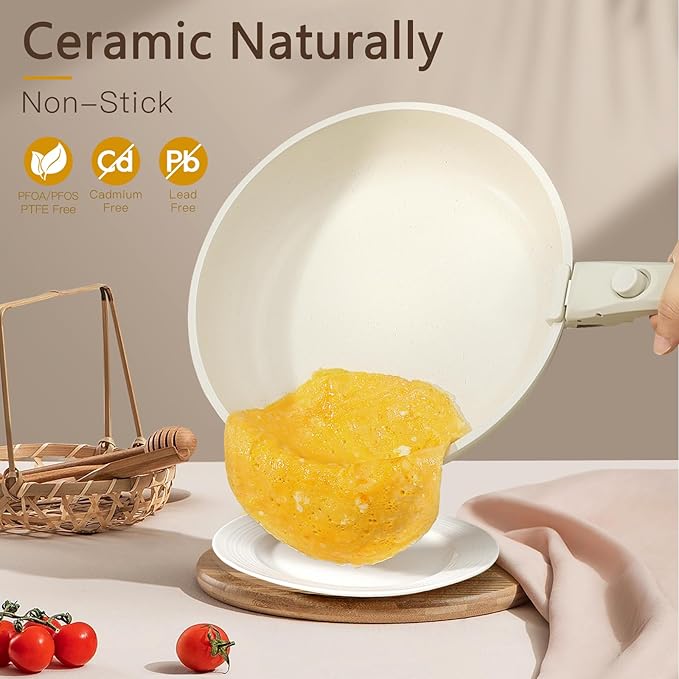 GiPP Ceramic Pots and Pans Set Non Stick, Nonstick Detachable Handle Cookware Sets, Healthy Non Toxic PFAS PFOA & PTFE Free, Dishwasher ＆Oven Safe, Induction Kitchen Pot and Pan, 21 Piece Cream