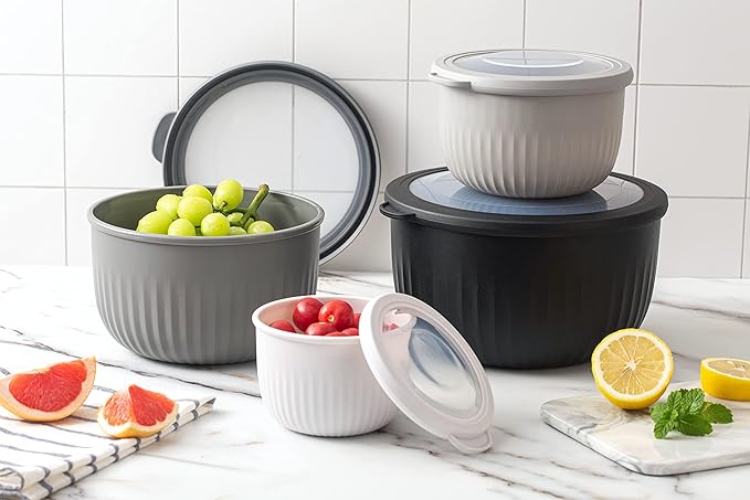 COOK WITH COLOR Prep Bowls with Lids- Wide and Deep Nesting Plastic Small Mixing Bowl Set with Lids, 8 Piece Set - Deep Bowls, Black/White