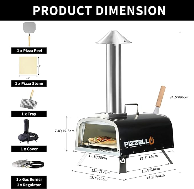 12" Outdoor Pizza Oven Propane and Wood Fired Pizza Maker Multi-Fuel Pizza Ovens with Gas Burner, Wood Tray, Stone, Pizza Peel, Cover, Forte Gas (Black)