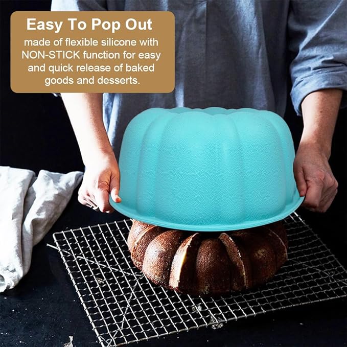10 inch Silicone Bundt Cake Pan, Non-Stick Silicone Fluted Pans, ome Baking DIY Cake Mold for Cake, Jelly, Bread, Chocolate, Para Gelatinas (Red) (Blue, 1 Pack)