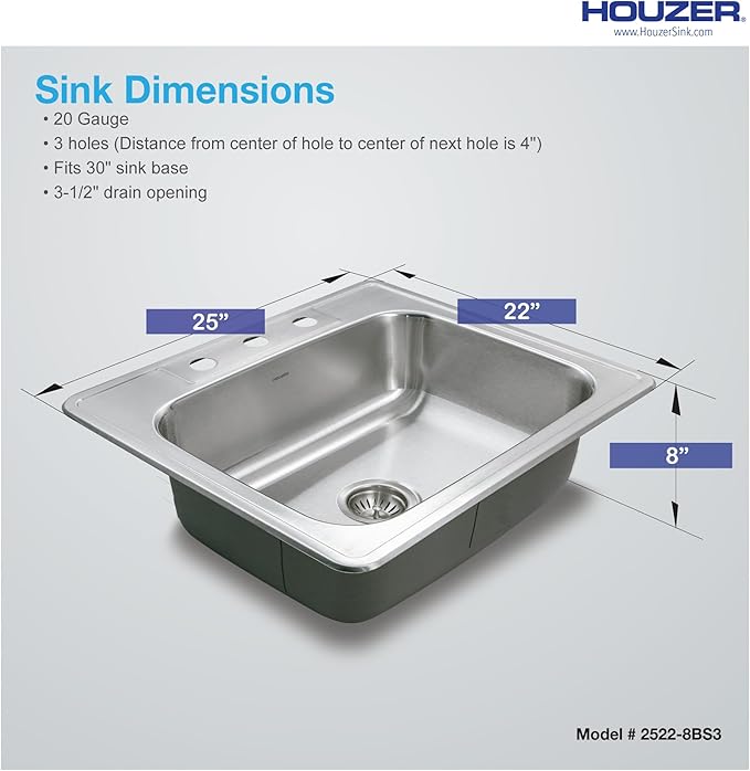 Houzer Glowtone Stainless Steel Kitchen Sink - 25 Inch Drop-In Topmount 3-Hole Single Bowl Sink, Durable & Versatile, Essential for Home & Apartment, Nested 36-Pack - 2522-8BS3-36