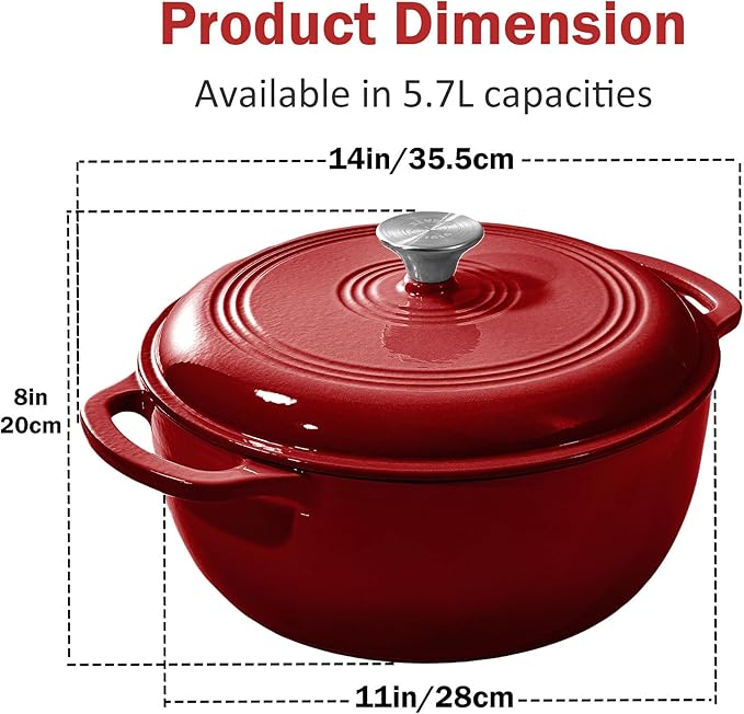 Vivicreate 6 Quart Enamel Cast Iron Dutch Oven Pot with Lid – Enameled Cookware for Baking, Roasting, and Braising – Durable Cast Iron Pot for Stove Top and Oven Use Red color (Red)