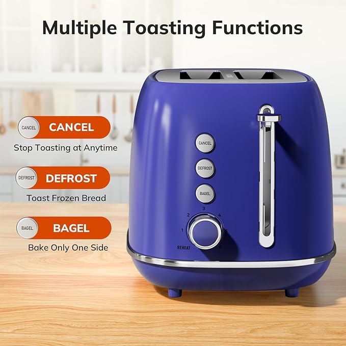 Keenstone Retro 2-Slice Stainless Steel Toaster - Bagel, Cancel, Defrost Functions, Extra Wide Slots, High Lift Lever, 6 Shade Settings, Removable Crumb Tray, Dark Blue