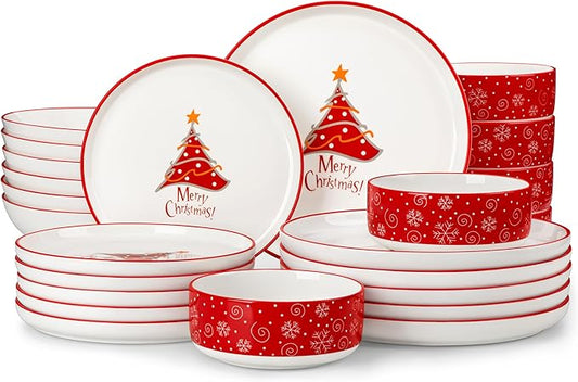 MALACASA Plates and Bowls Sets, 24 Pieces Christmas Porcelain Dinnerware Set for 8, Ceramic Dishware Dishes Kitchen Dining Ware Set, Microwave and Dishwasher Safe, Series LUNA-Christmas Tree
