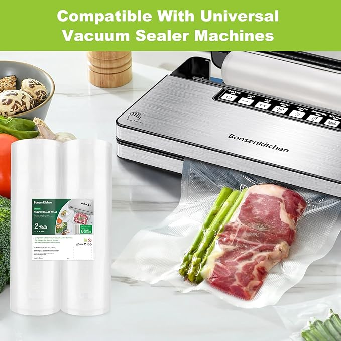 Bonsenkitchen Vacuum Sealer Bags, 11 in x 50 ft Rolls 2 Pack Seal Bags for Food Storage Saver, BPA Free, Commercial Grade Textured Food Roll Bags, Customized Size Bag for Sous Vide Cooking,VB3210
